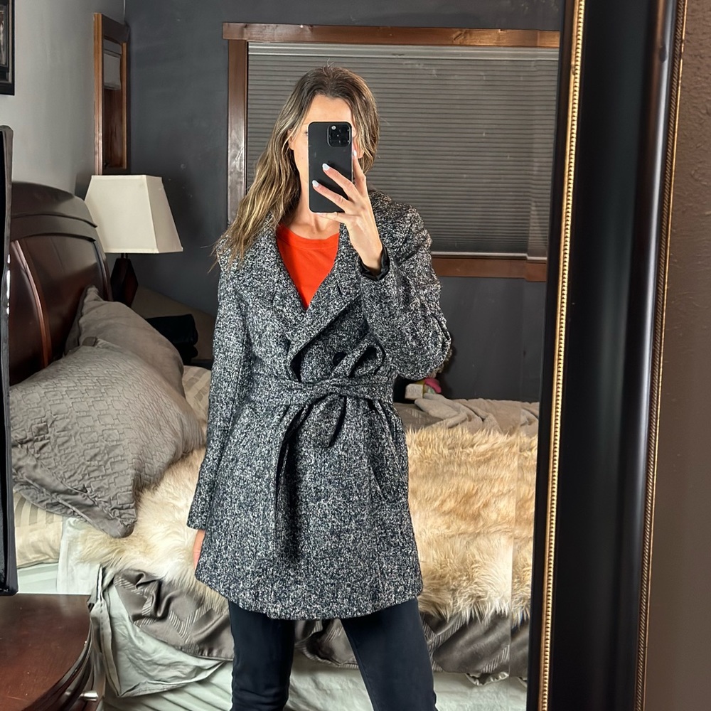 Calvin Klein Wool Blend Belted Wrap Coat Black Gray Size 6